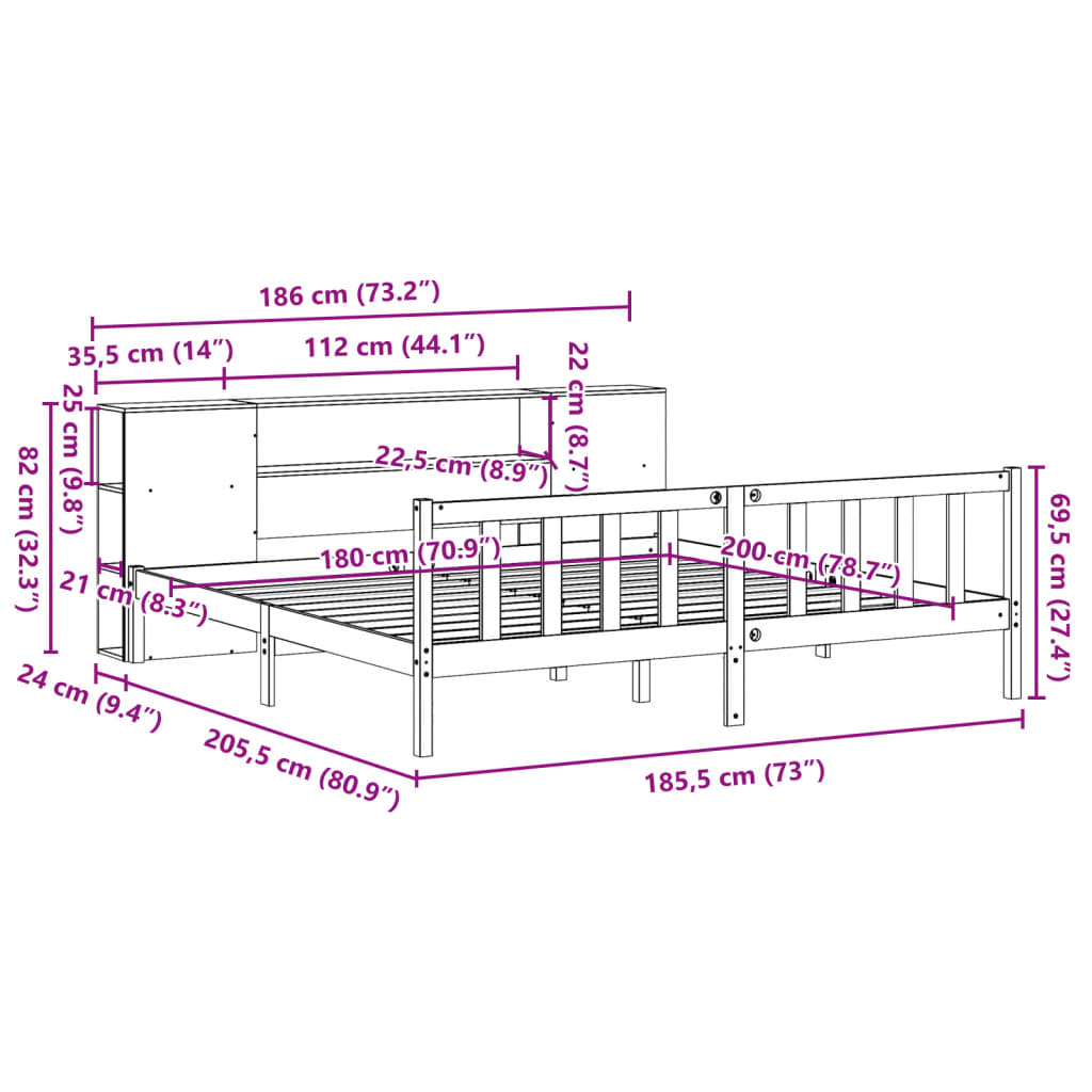 Κρεβάτι Βιβλιοθήκη Χωρίς Στρώμα 180x200 εκ Μασίφ Ξύλο Πεύκου
