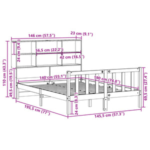 Κρεβάτι Βιβλιοθήκη Χωρίς Στρώμα 140x190 εκ Μασίφ Ξύλο Πεύκου - Pakobazaar