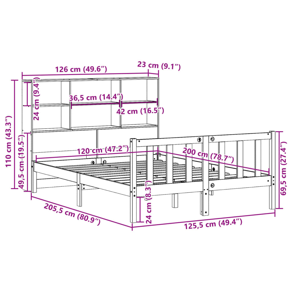 Κρεβάτι Βιβλιοθήκη Χωρίς Στρώμα 120x200 εκ Μασίφ Ξύλο Πεύκο