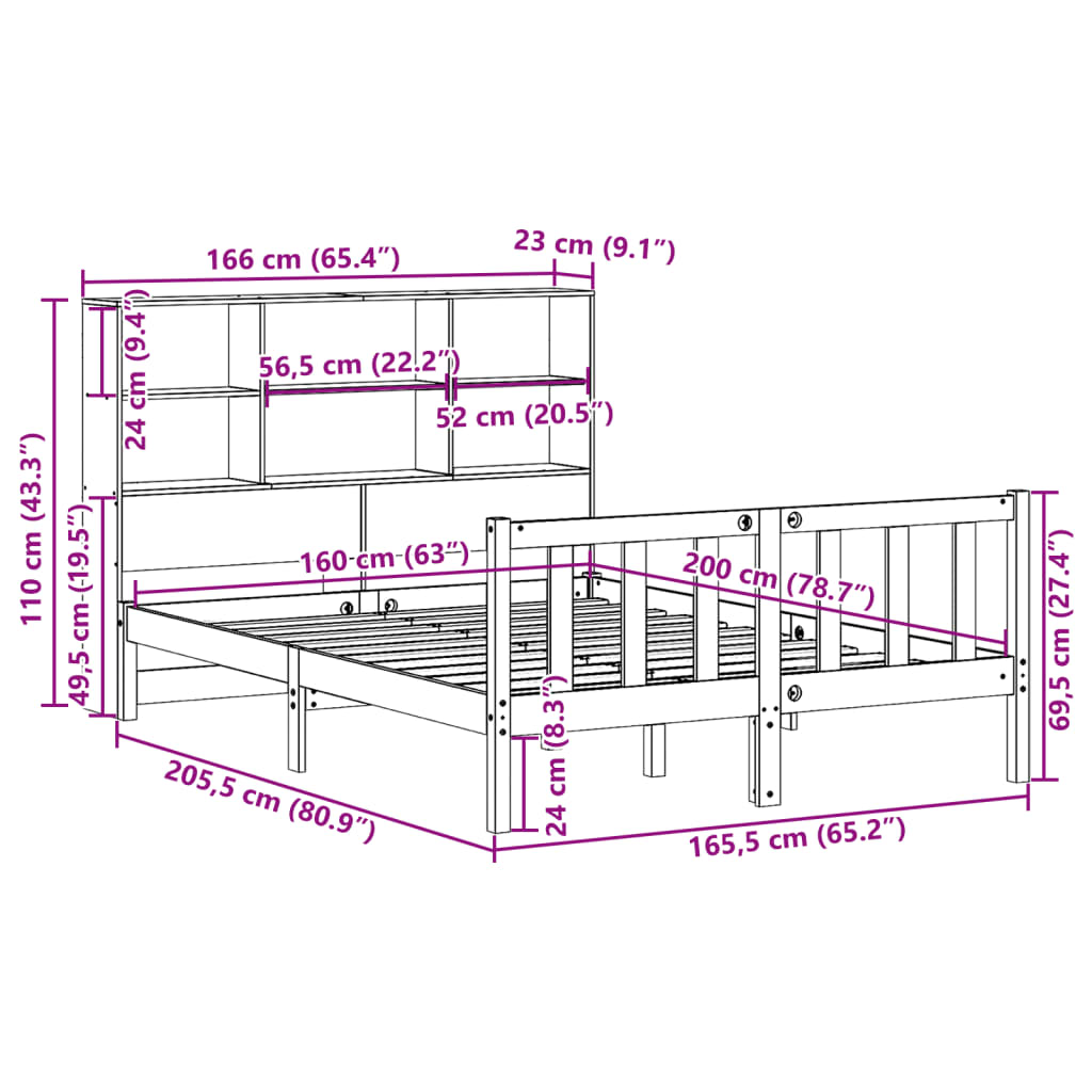 Κρεβάτι Βιβλιοθήκη Χωρίς Στρώμα 160x200 εκ Μασίφ Ξύλο Πεύκου