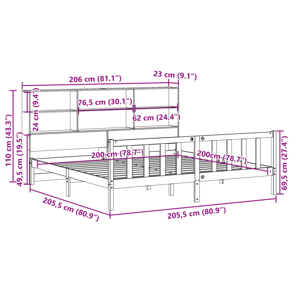 Κρεβάτι Βιβλιοθήκη Χωρίς Στρώμα 200x200 εκ Μασίφ Ξύλο Πεύκου