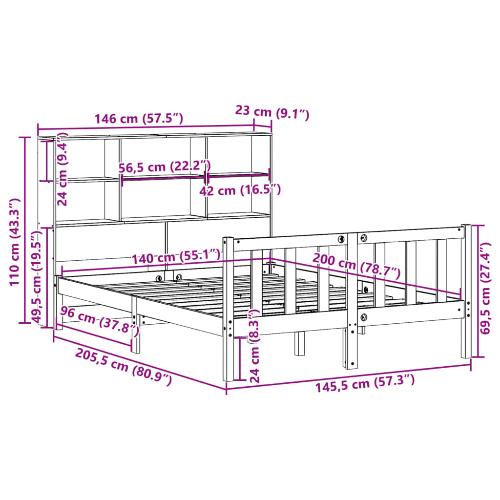 Κρεβάτι Βιβλιοθήκη Χωρίς Στρώμα 140x200 εκ Μασίφ Ξύλο Πεύκου