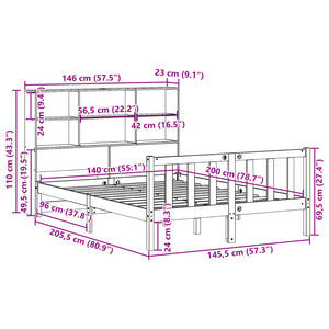 Κρεβάτι Βιβλιοθήκη Χωρίς Στρώμα 140x200 εκ Μασίφ Ξύλο Πεύκου