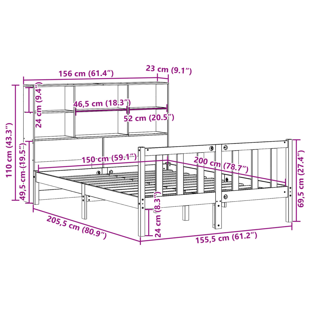 Κρεβάτι Βιβλιοθήκη Χωρίς Στρώμα 150x200 εκ Μασίφ Ξύλο Πεύκου
