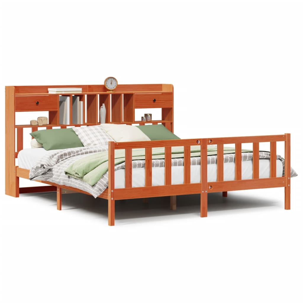 Κρεβάτι Βιβλιοθήκη Χωρίς Στρώμα 200x200 εκ Μασίφ Ξύλο Πεύκου