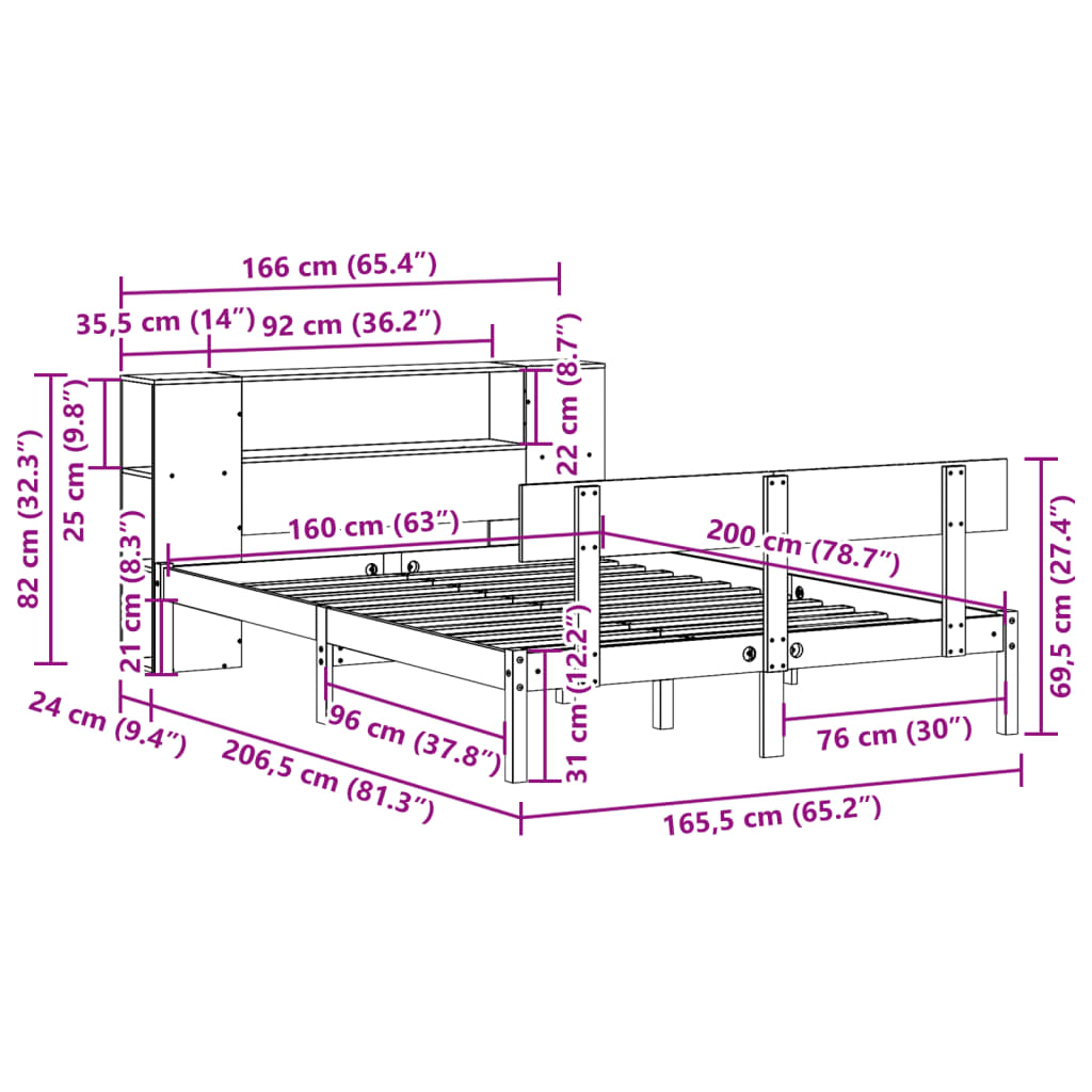 Κρεβάτι Βιβλιοθήκη Χωρίς Στρώμα 160x200 εκ Μασίφ Ξύλο Πεύκου