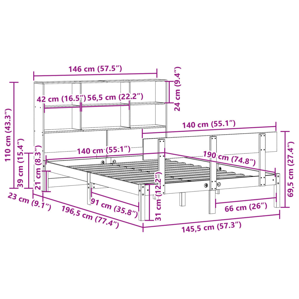 Κρεβάτι Βιβλιοθήκη Χωρίς Στρώμα 140x190 εκ Μασίφ Ξύλο Πεύκου