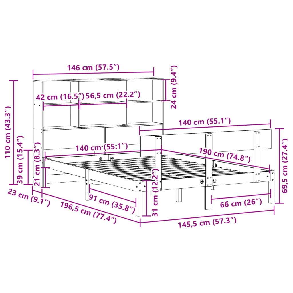 Κρεβάτι Βιβλιοθήκη Χωρίς Στρώμα 140x190 εκ Μασίφ Ξύλο Πεύκου