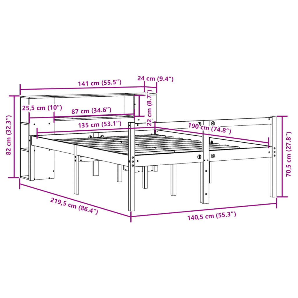 Κρεβάτι Βιβλιοθήκη Χωρίς Στρώμα Λευκό 135x190 εκ Μασίφ Πεύκο