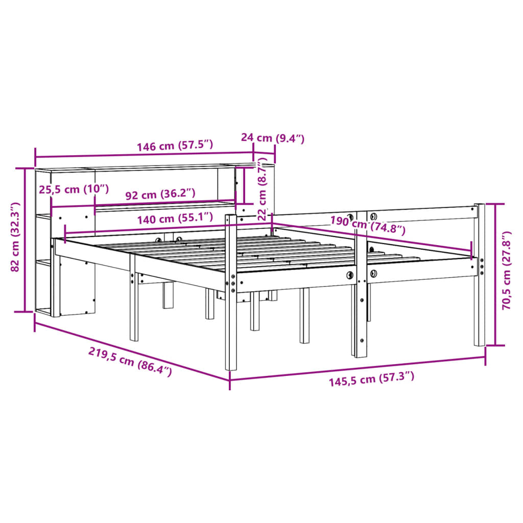 Κρεβάτι Βιβλιοθήκη Χωρίς Στρώμα 140x190 εκ Μασίφ Ξύλο Πεύκου - Pakobazaar