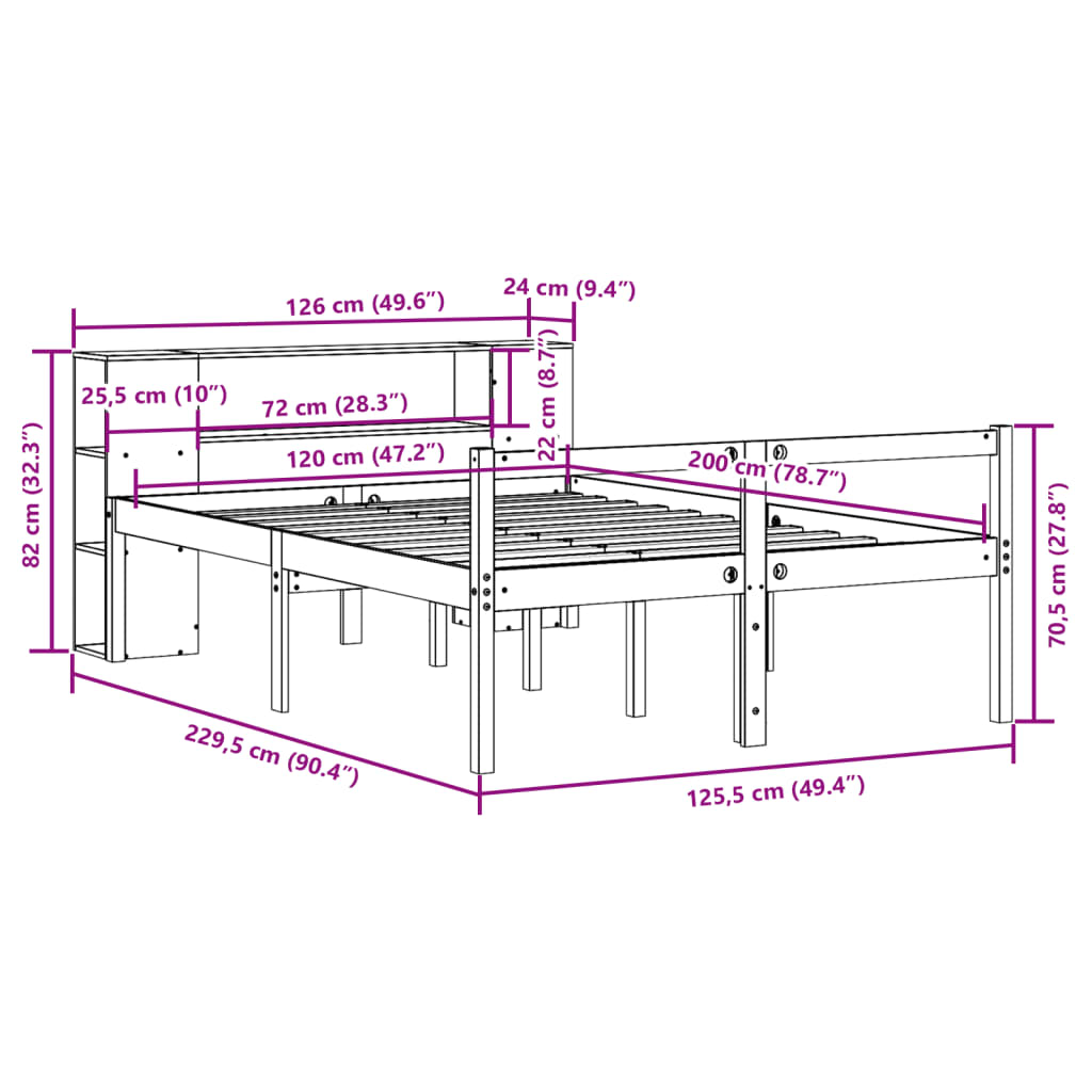 Κρεβάτι Βιβλιοθήκη Χωρίς Στρώμα 120x200 εκ Μασίφ Ξύλο Πεύκο