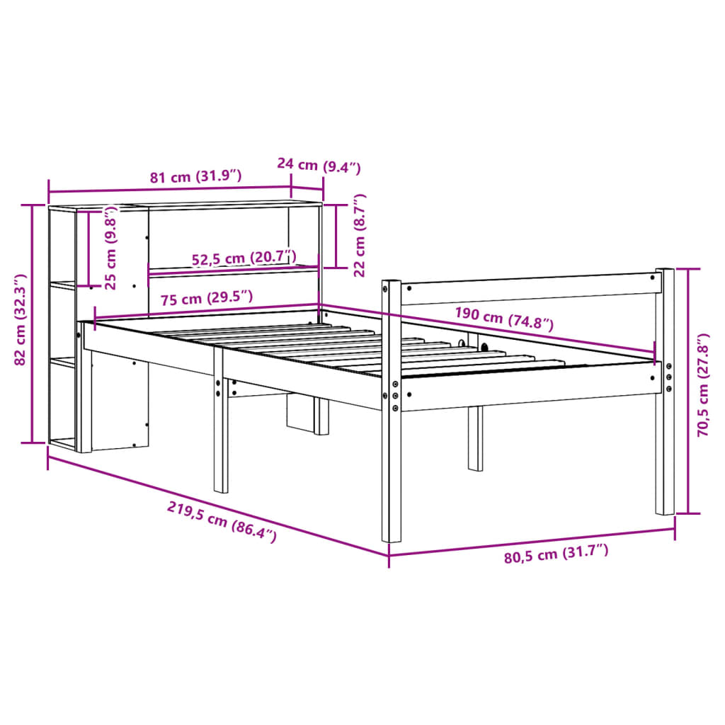 Κρεβάτι Βιβλιοθήκη Χωρίς Στρώμα Λευκό 75x190 εκ Μασίφ Πεύκο - Pakobazaar