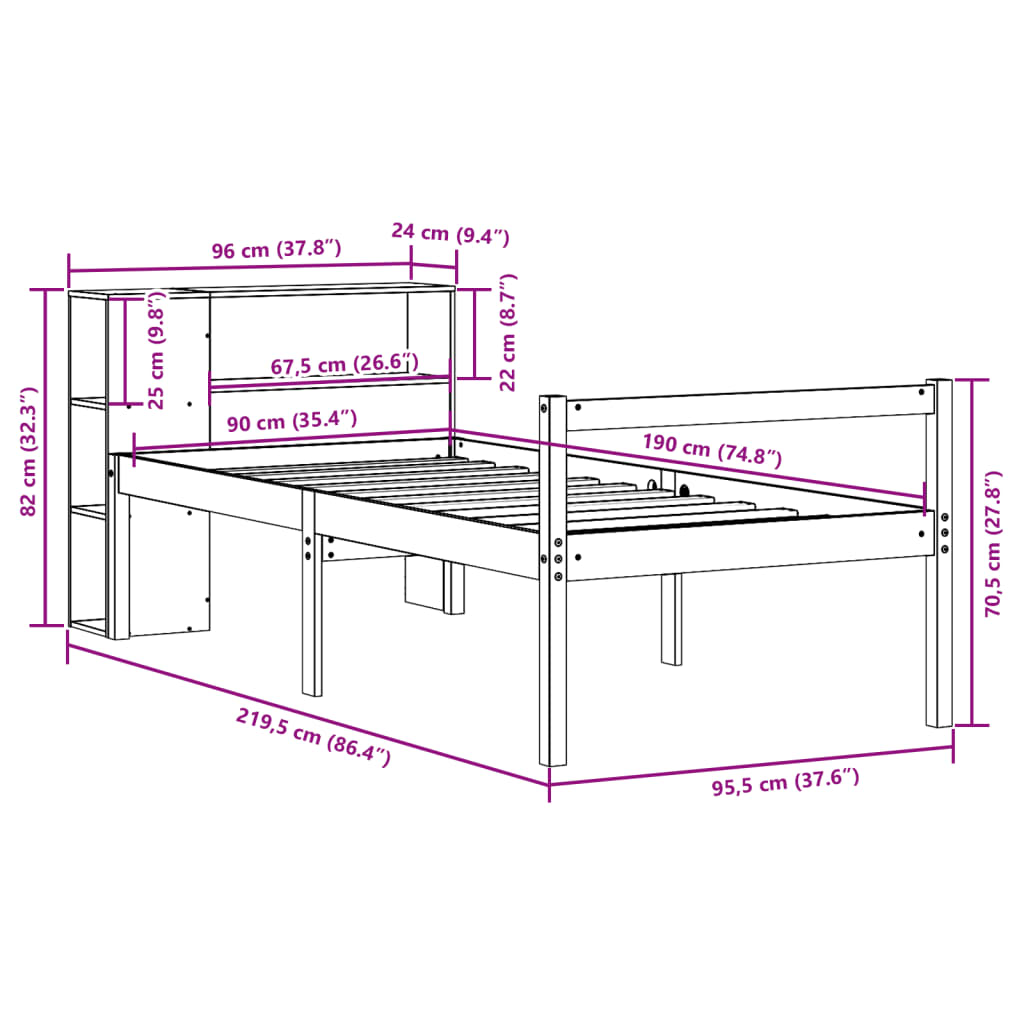 Κρεβάτι Βιβλιοθήκη Χωρίς Στρώμα 90x190 εκ Μασίφ Ξύλο Πεύκου