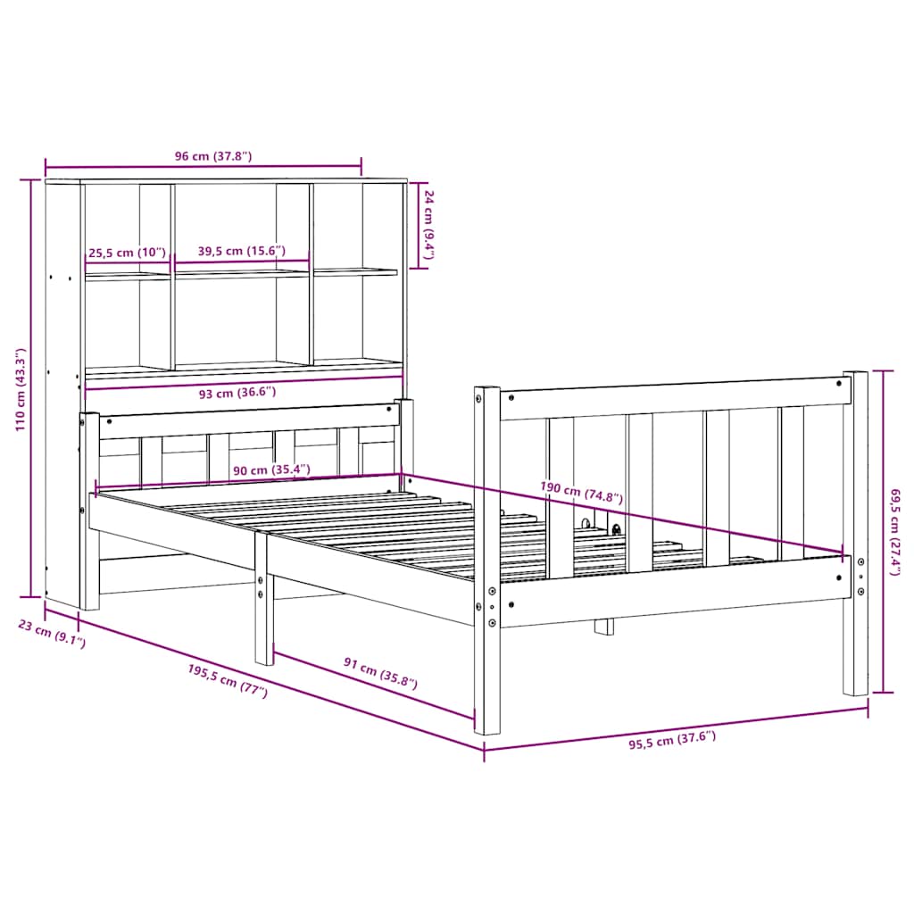 Κρεβάτι Βιβλιοθήκη Χωρίς Στρώμα 90x190 εκ Μασίφ Ξύλο Πεύκου