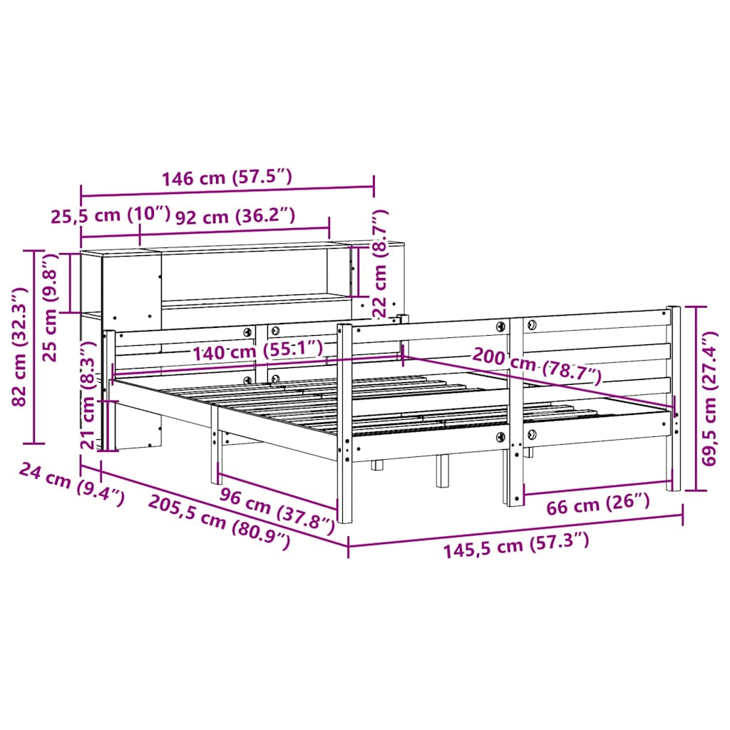 Κρεβάτι Βιβλιοθήκη Χωρίς Στρώμα 140x200 εκ Μασίφ Ξύλο Πεύκο