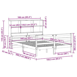 Κρεβάτι Βιβλιοθήκη Χωρίς Στρώμα 160x200 εκ Μασίφ Ξύλο Πεύκου
