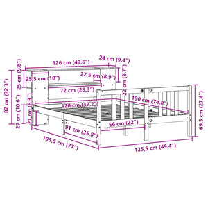 Κρεβάτι Βιβλιοθήκη Χωρίς Στρώμα 120x190 εκ Μασίφ Ξύλο Πεύκου
