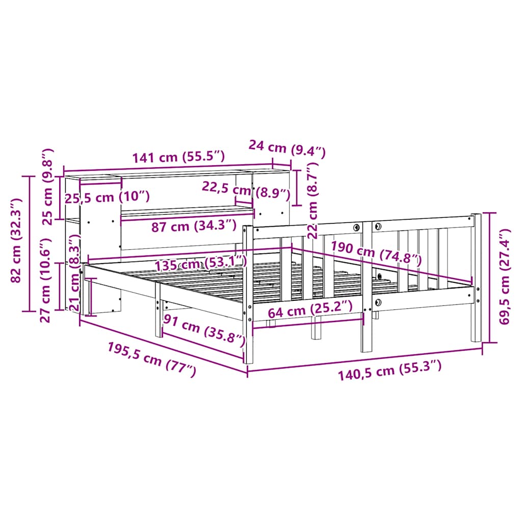 Κρεβάτι Βιβλιοθήκη Χωρίς Στρώμα 135x190 εκ Μασίφ Ξύλο Πεύκου