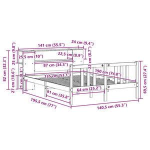 Κρεβάτι Βιβλιοθήκη Χωρίς Στρώμα 135x190 εκ Μασίφ Ξύλο Πεύκου