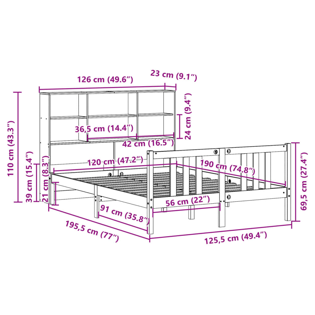 Κρεβάτι Βιβλιοθήκη Χωρίς Στρώμα 120x190 εκ Μασίφ Ξύλο Πεύκου