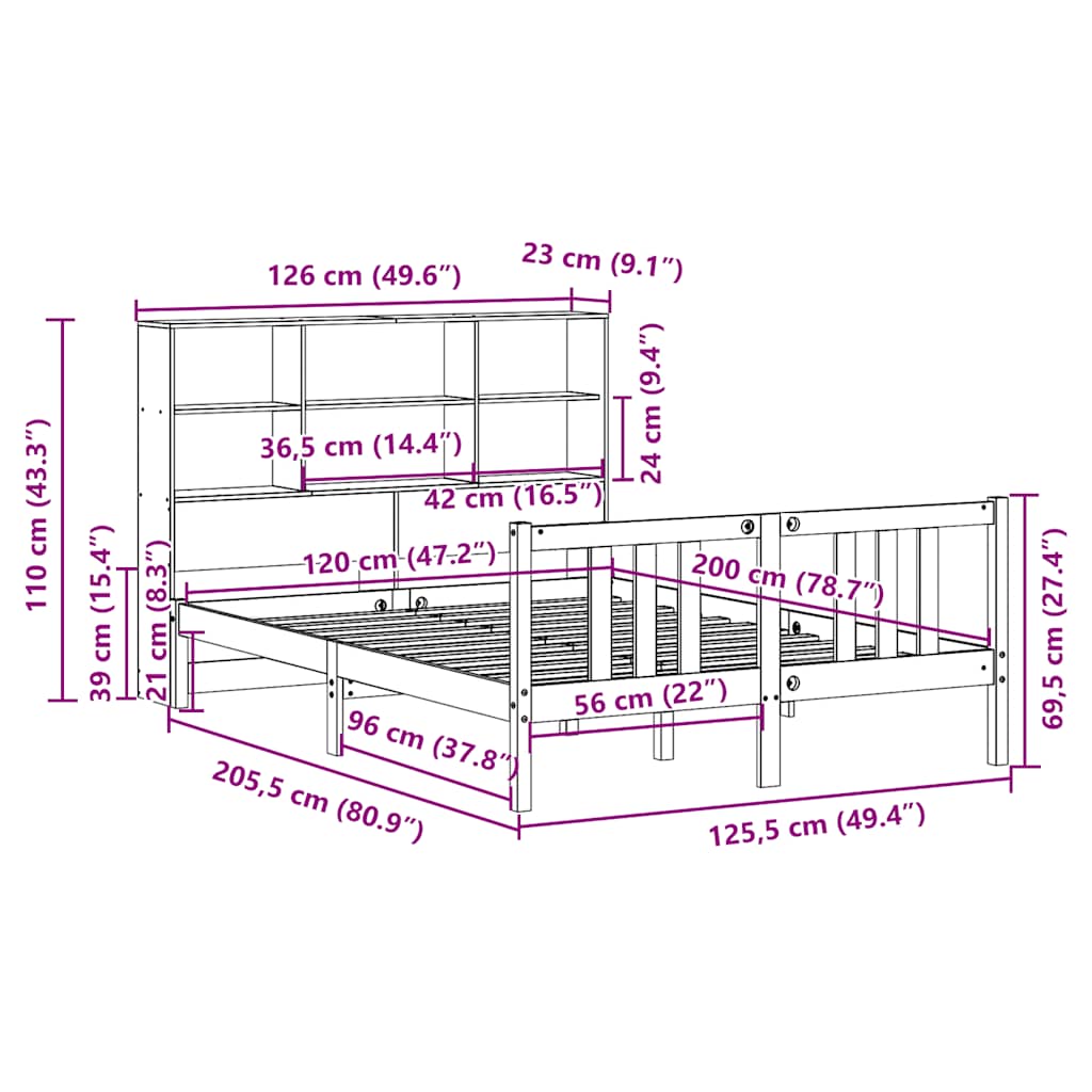 Κρεβάτι Βιβλιοθήκη Χωρίς Στρώμα 120x200 εκ Μασίφ Ξύλο Πεύκο - Pakobazaar