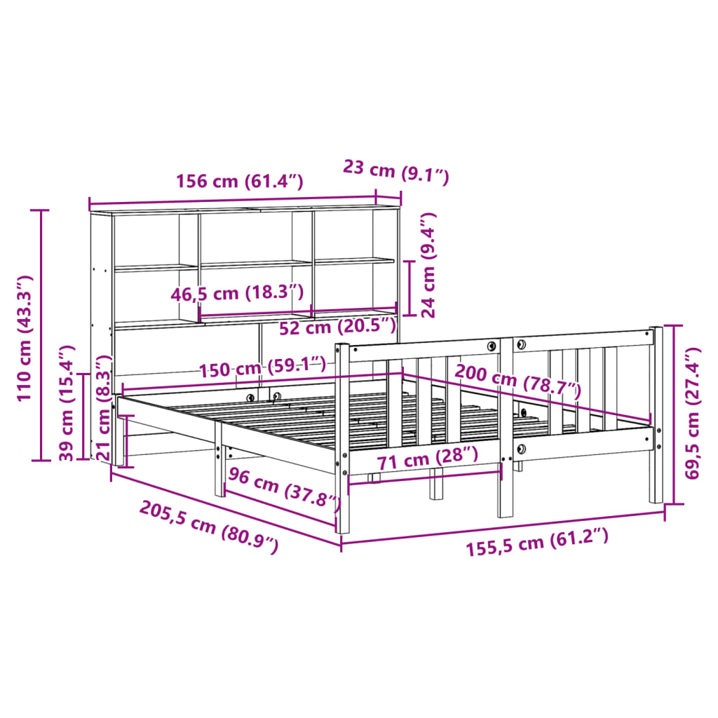 Κρεβάτι Βιβλιοθήκη Χωρίς Στρώμα 150x200 εκ Μασίφ Ξύλο Πεύκου
