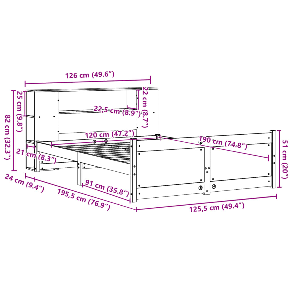 Κρεβάτι Βιβλιοθήκη Χωρίς Στρώμα 120x190 εκ Μασίφ Ξύλο Πεύκου - Pakobazaar
