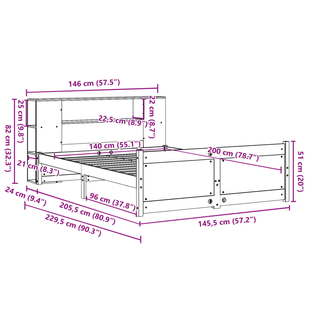 Κρεβάτι Βιβλιοθήκη Χωρίς Στρώμα 140x200 εκ Μασίφ Ξύλο Πεύκο - Pakobazaar
