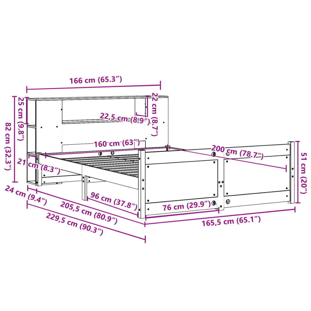 Κρεβάτι Βιβλιοθήκη Χωρίς Στρώμα 160x200 εκ Μασίφ Ξύλο Πεύκου