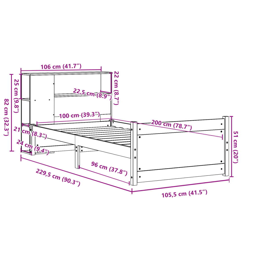 Κρεβάτι Βιβλιοθήκη Χωρίς Στρώμα 100x200 εκ Μασίφ Ξύλο Πεύκου