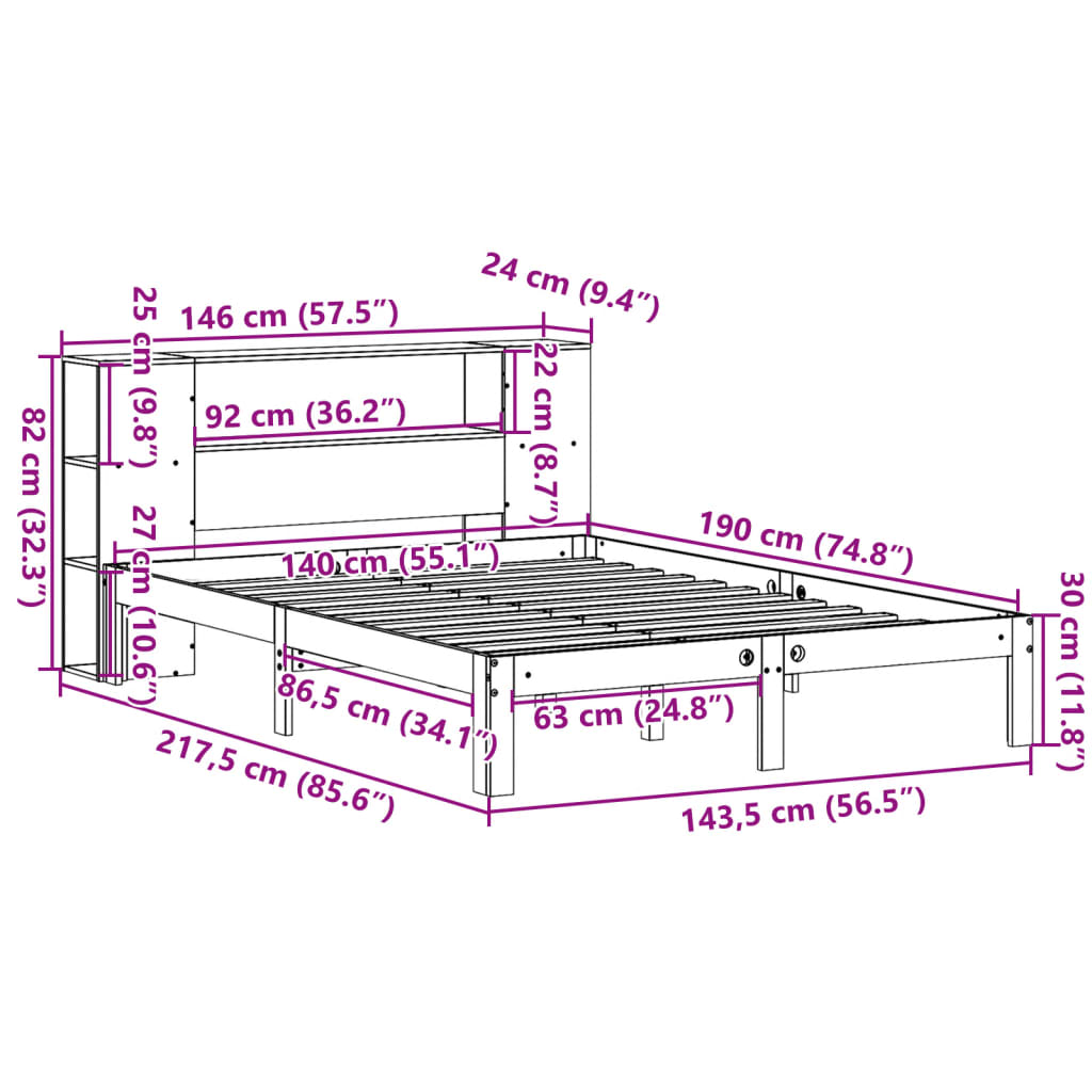 Κρεβάτι Βιβλιοθήκη Χωρίς Στρώμα 140x190 εκ Μασίφ Ξύλο Πεύκου - Pakobazaar