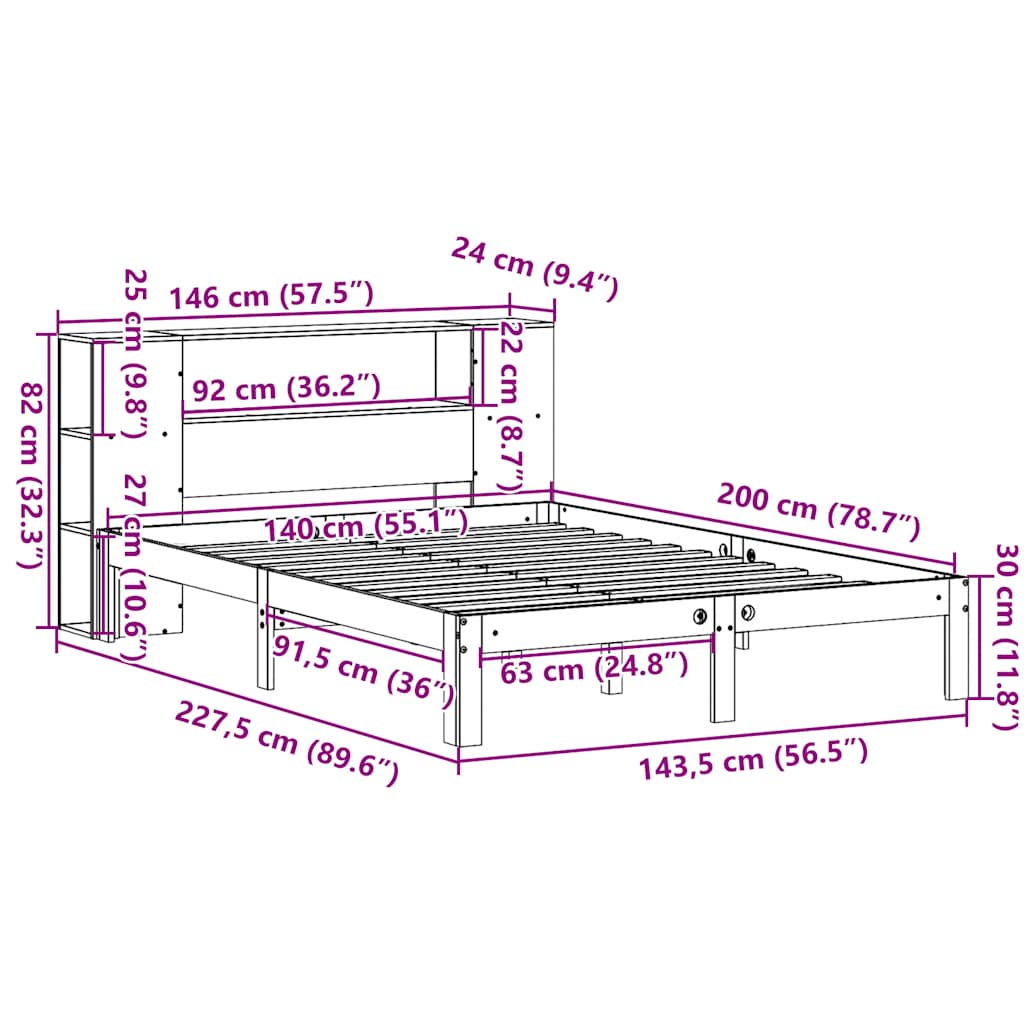 Κρεβάτι Βιβλιοθήκη Χωρίς Στρώμα 140x200 εκ Μασίφ Ξύλο Πεύκο - Pakobazaar