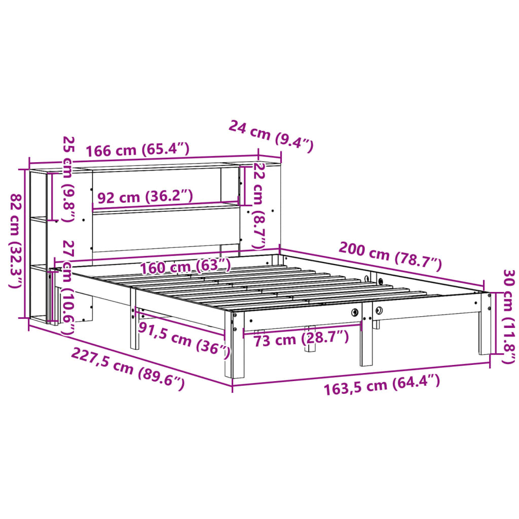Κρεβάτι Βιβλιοθήκη Χωρίς Στρώμα 160x200 εκ Μασίφ Ξύλο Πεύκου