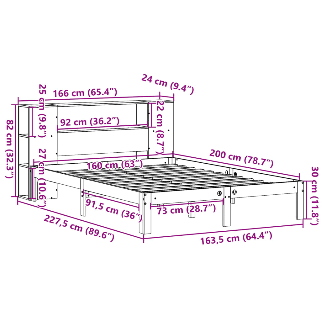 Κρεβάτι Βιβλιοθήκη Χωρίς Στρώμα 160x200 εκ Μασίφ Ξύλο Πεύκου