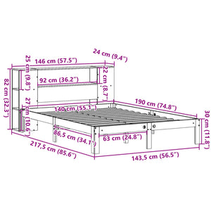 Κρεβάτι Βιβλιοθήκη Χωρίς Στρώμα 140x190 εκ Μασίφ Ξύλο Πεύκου