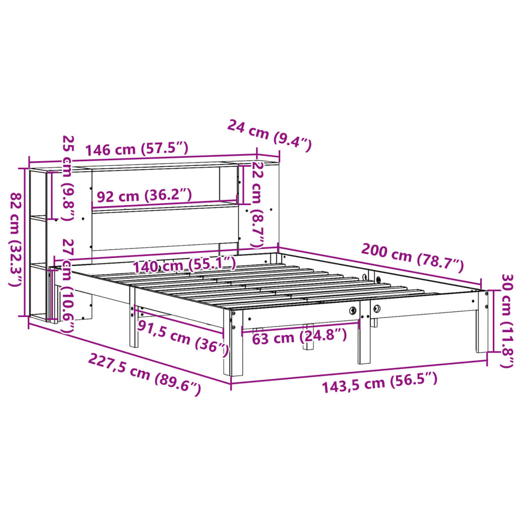 Κρεβάτι Βιβλιοθήκη Χωρίς Στρώμα 140x200 εκ Μασίφ Ξύλο Πεύκου
