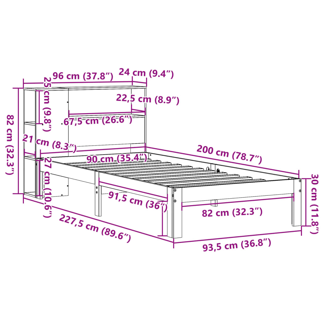 Κρεβάτι Βιβλιοθήκη Χωρίς Στρώμα 90x200 εκ. Μασίφ Ξύλο Πεύκου