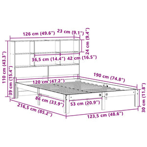Κρεβάτι Βιβλιοθήκη Χωρίς Στρώμα 120x190 εκ Μασίφ Ξύλο Πεύκου