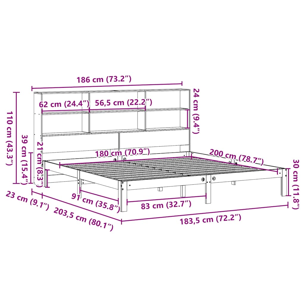 Κρεβάτι Βιβλιοθήκη Χωρίς Στρώμα 180x200 εκ Μασίφ Ξύλο Πεύκου