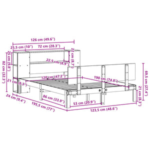 Κρεβάτι Βιβλιοθήκη Χωρίς Στρώμα 120x190 εκ Μασίφ Ξύλο Πεύκου