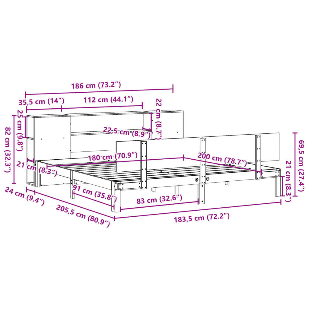 Κρεβάτι Βιβλιοθήκη Χωρίς Στρώμα 180x200 εκ Μασίφ Ξύλο Πεύκου