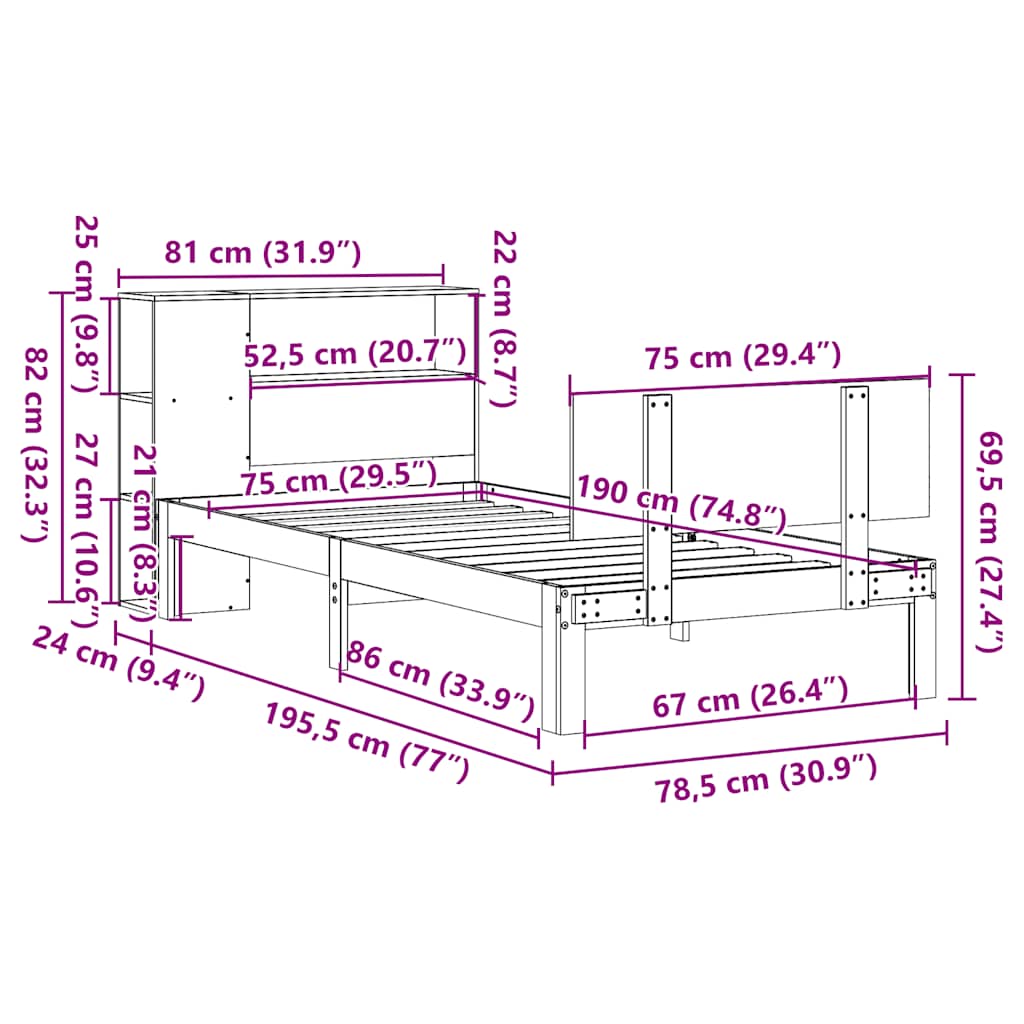 Κρεβάτι Βιβλιοθήκη Χωρίς Στρώμα Λευκό 75x190 εκ Μασίφ Πεύκο - Pakobazaar