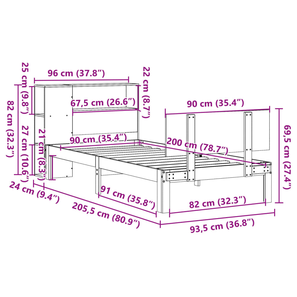 Κρεβάτι Βιβλιοθήκη Χωρίς Στρώμα 90x200 εκ Μασίφ Ξύλο Πεύκου