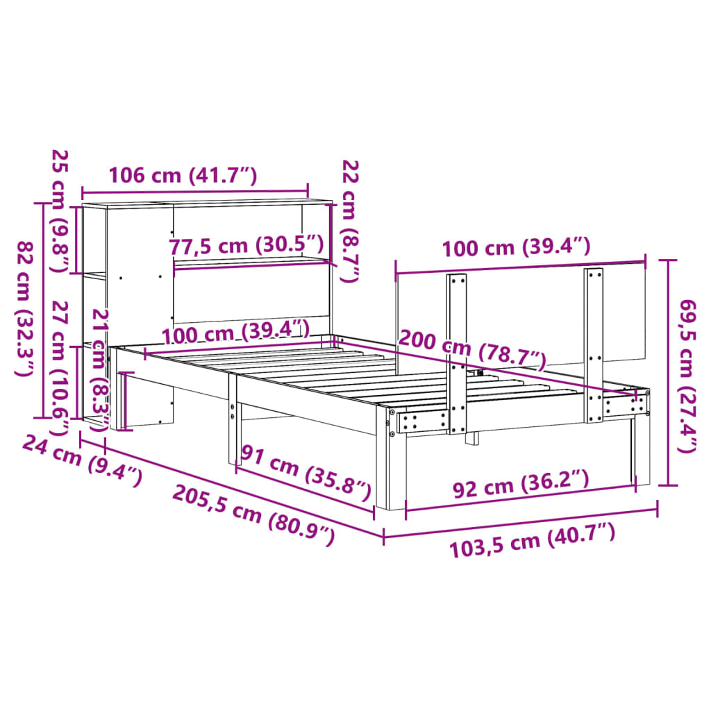 Κρεβάτι Βιβλιοθήκη Χωρίς Στρώμα 100x200 εκ. Μασίφ Ξύλο Πεύκο