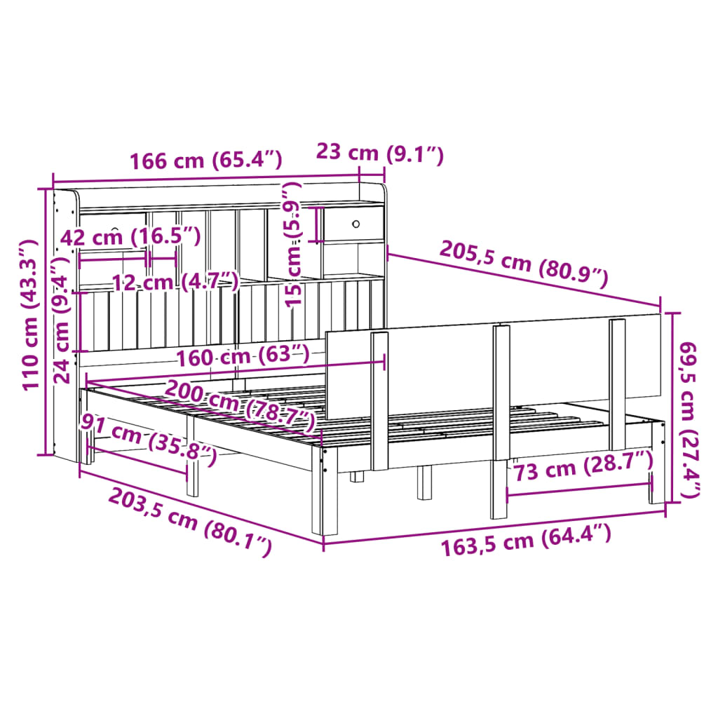 Κρεβάτι Βιβλιοθήκη Χωρίς Στρώμα 160x200 εκ Μασίφ Ξύλο Πεύκου - Pakobazaar