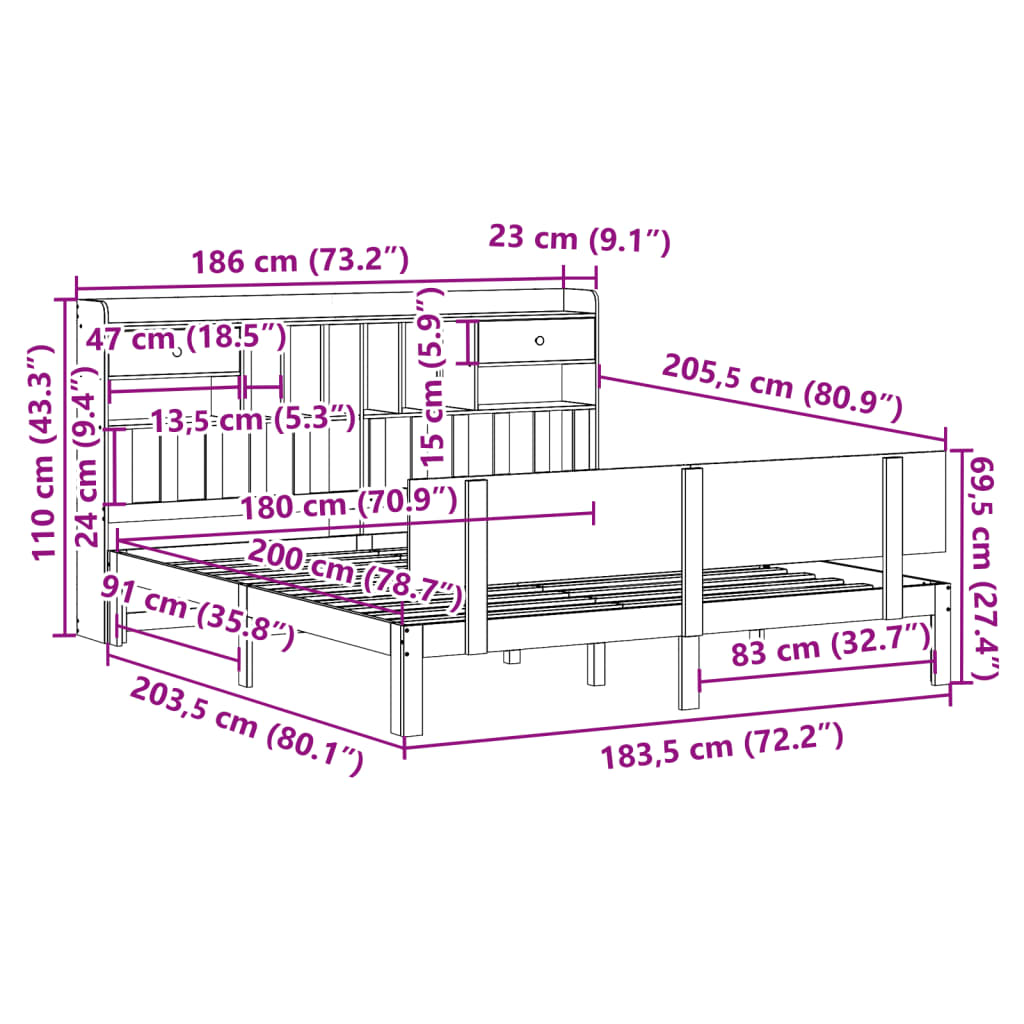 Κρεβάτι Βιβλιοθήκη Χωρίς Στρώμα 180x200 εκ Μασίφ Ξύλο Πεύκου