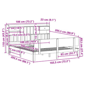 Κρεβάτι Βιβλιοθήκη Χωρίς Στρώμα 180x200 εκ Μασίφ Ξύλο Πεύκου