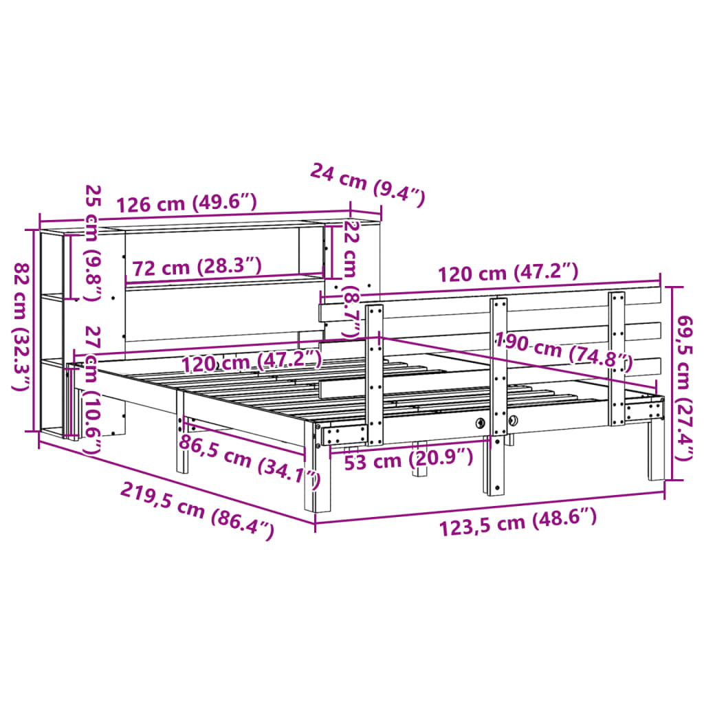 Κρεβάτι Βιβλιοθήκη Χωρίς Στρώμα 120x190 εκ Μασίφ Ξύλο Πεύκου