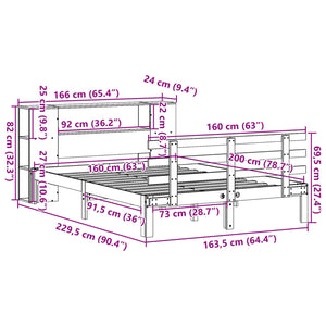 Κρεβάτι Βιβλιοθήκη Χωρίς Στρώμα 160x200 εκ Μασίφ Ξύλο Πεύκου - Pakobazaar