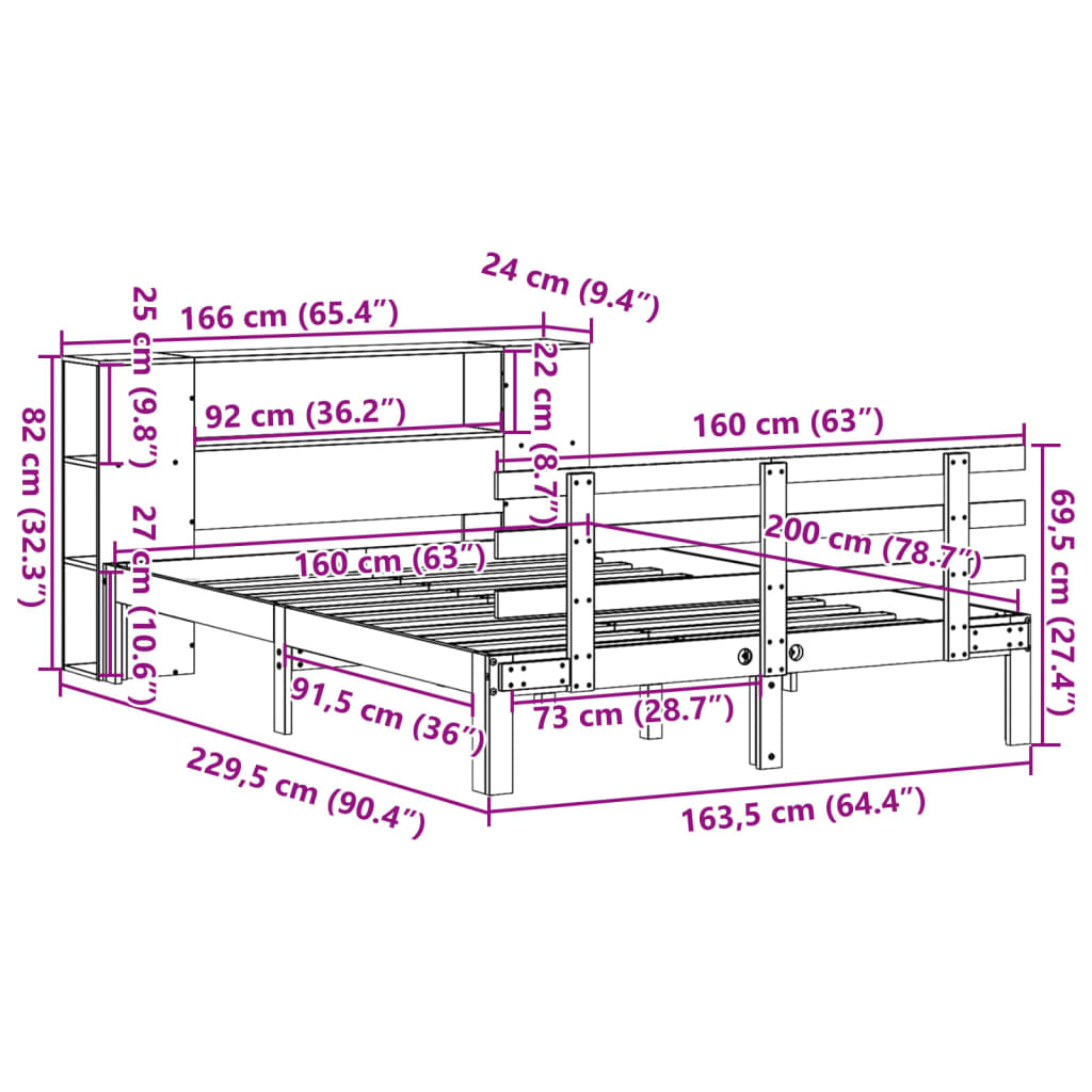 Κρεβάτι Βιβλιοθήκη Χωρίς Στρώμα 160x200 εκ Μασίφ Ξύλο Πεύκου
